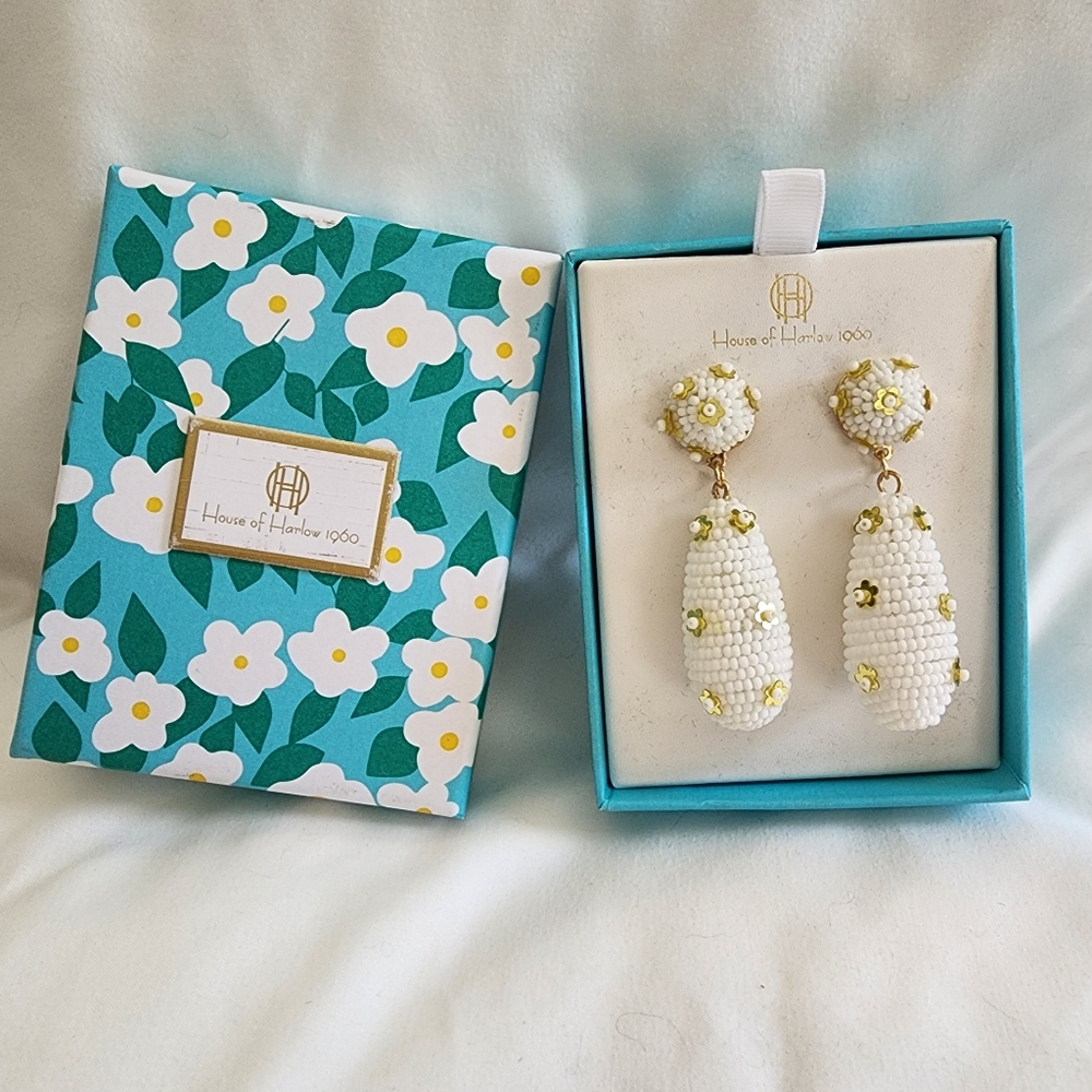 House of harlow 1960 Beaded whit and gold drop earrings